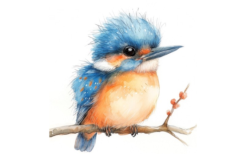 Cute Kingfisher Bird Baby Watercolor Handmade illustration 3 Illustration