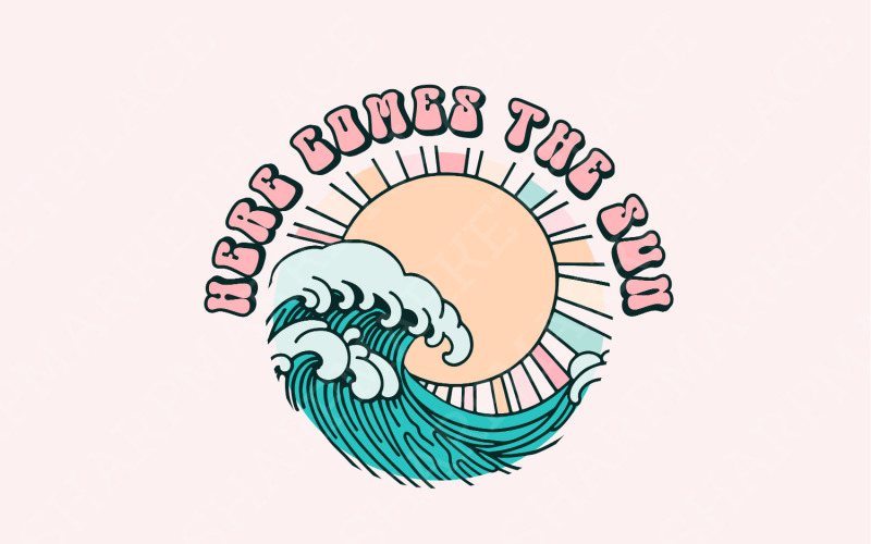 Here Comes the Sun PNG, Retro Beach Waves Summer Design, Vintage Boho Tropical Beach Vibes Illustration