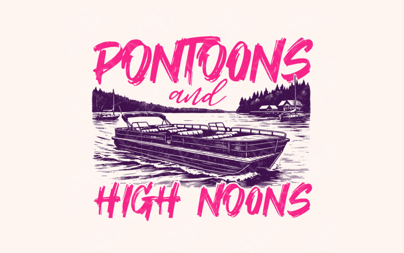 Pontoons and High Noons Retro Vintage Neon Summer Boat PNG, Trendy Beer Seltzer Design, Digital Illustration