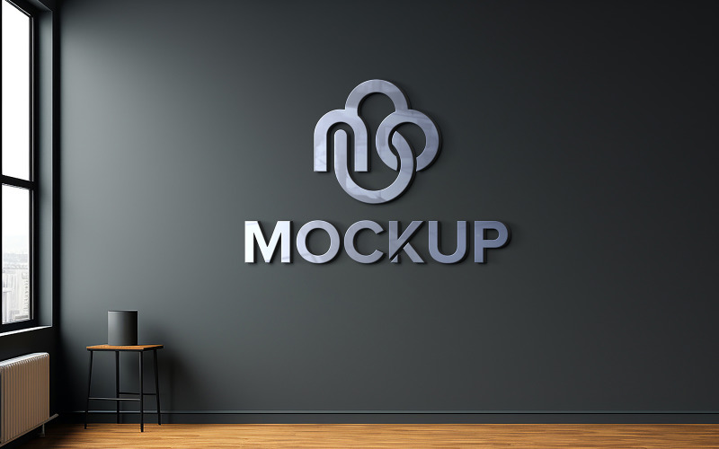 Realistic black wall indoor logo mockup 3d metal logo mockup on black wall Product Mockup