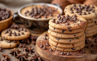 Cookies with chocolate chips Heap on wooden tray 96
