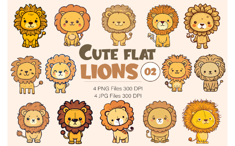 Cute flat lions 02. TShirt Sticker. Illustration