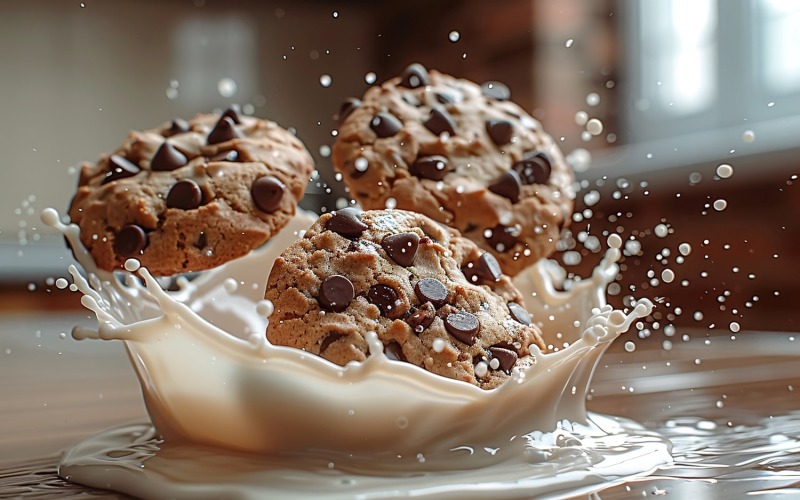 Floating Chocolate chip cookies with milk splashes 84 Illustration