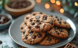 Cookies with chocolate chips Heap on a plate 222
