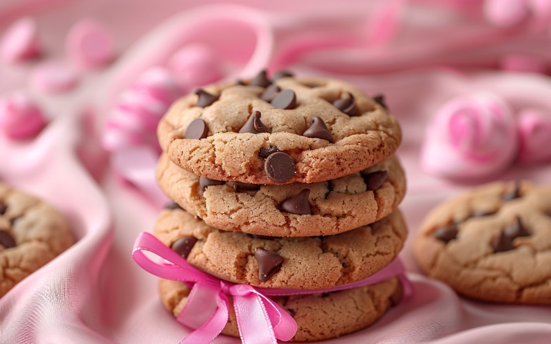 Cookies with chocolate chips Heap on pink background 247 Illustration