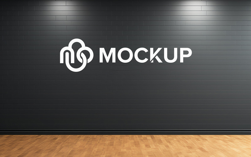 Logo mockup on black wall with wooden floor psd Product Mockup
