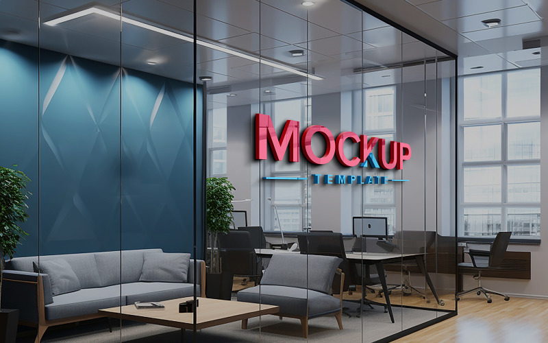Realistic office glass wall 3d logo mockup office waiting room glass wall logo mockup Product Mockup