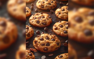 Chocolate chip cookies collage on wooden background 62