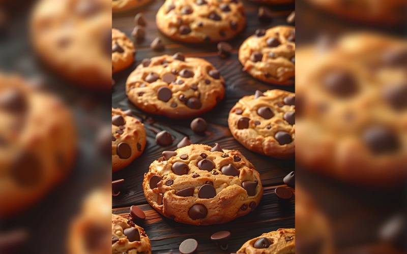 Chocolate chip cookies collage on wooden background 62 Illustration