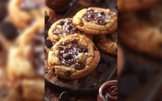 Cookies with chocolate chips Heap on wooden tray 63