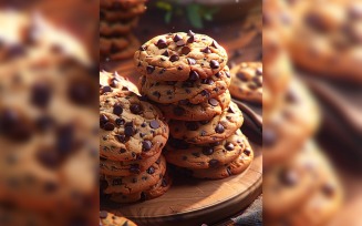 Cookies with chocolate chips Heap on wooden tray 70