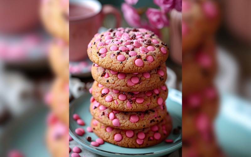 Floating Chocolate chip cookies stacked on a plate 84 Illustration