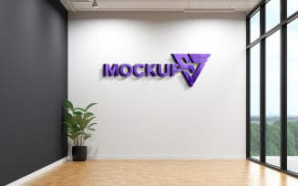 3d purple logo mockup on white office wall with window view