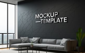 Logo mockup with office room wall psd 3d logo mockup on black wall indoor with sofa
