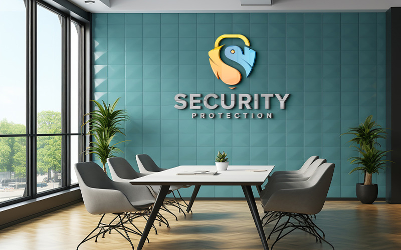 Office meeting room logo mockup logo mockup office cyan wall meeting room psd Product Mockup