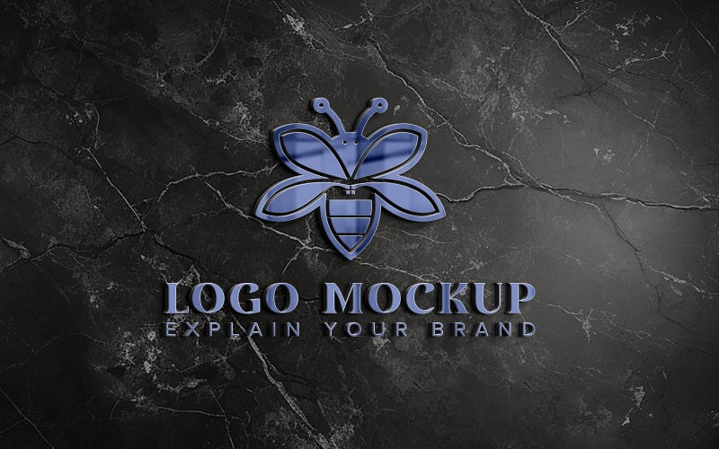 3d blue logo mockup on black marble wall psd realistic Product Mockup