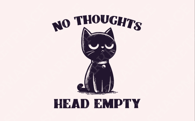 No Thoughts Head Empty Black Cat, Kawaii Funny Black Kitty, Holographic Digital Download, Cat Meme Illustration