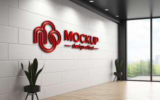 Red 3d logo mockup perspective style on white wall indoor