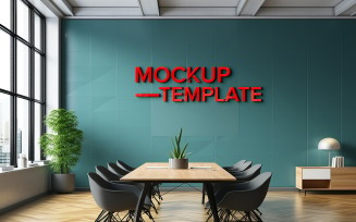 Red logo mockup on office meeting room wall realistic 3d psd