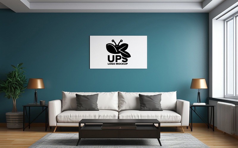 White board wall mockup logo mockup on wall with sofa indoor Product Mockup
