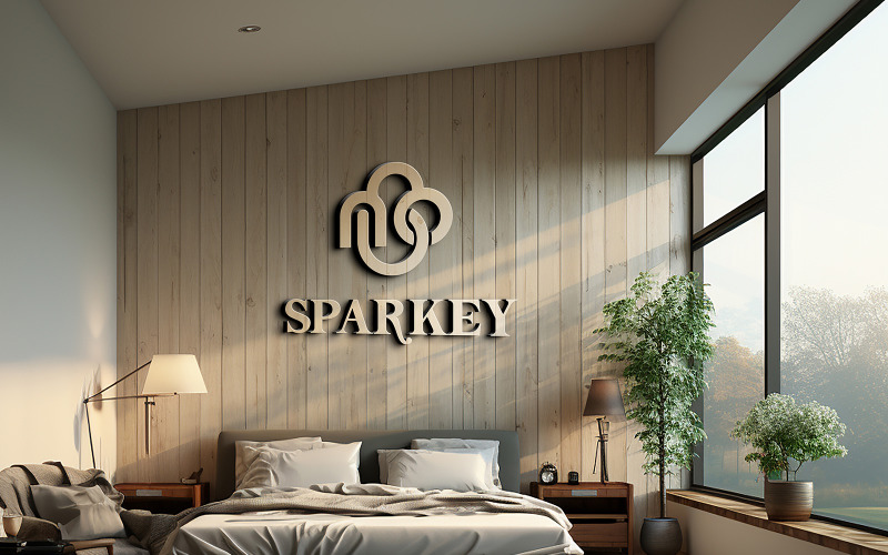 3d logo mockup template on bedroom wooden wall Product Mockup