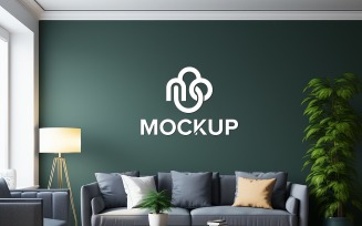 Wall sign logo mockup in the living room with sofa