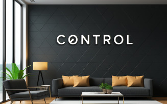 Control 3d logo mockup on black wall indoor with table and sofa