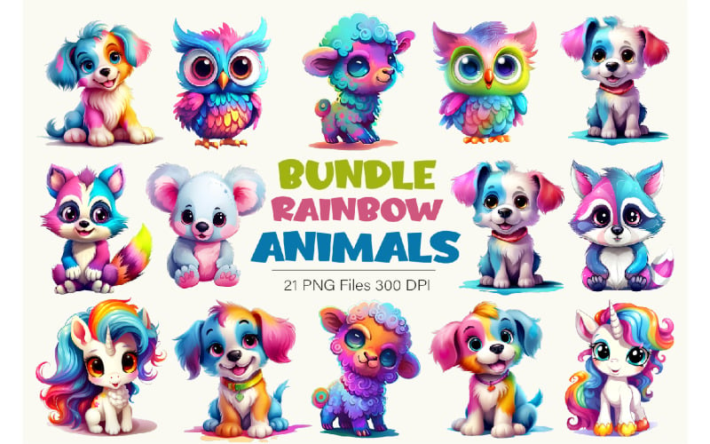 Bundle of rainbow animals. TShirt Sticker. Illustration