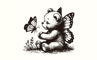 Adorable Bear with Butterfly Wings PNG, Vintage Animal Sketch, Cute Self Care & Sarcastic