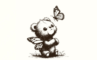 Adorable Grizzly Bear with Butterfly Wings PNG, Vintage Animal Sketch, Cute Self Care