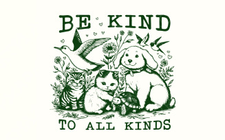 Be Kind to All Kinds Vintage Line Art Animals PNG, Retro Be Kind png, Mental Health Awareness PNG
