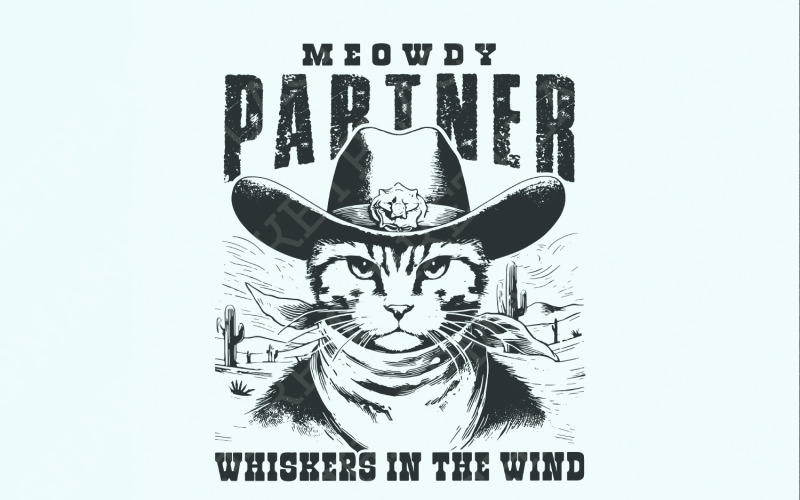 Meowdy Partner Western Cat PNG, Funny Cat Png, Retro Western Cat Design, Cowboy Cat Png Illustration