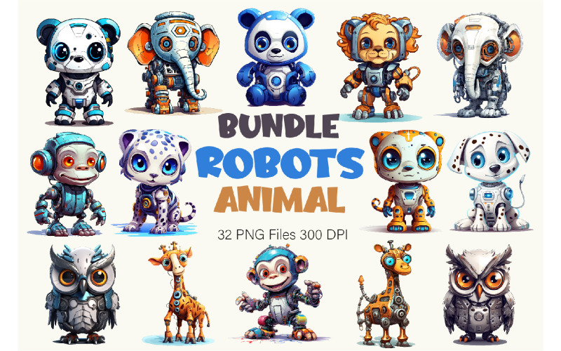 Bundle of robots animal. TShirt Sticker. Illustration