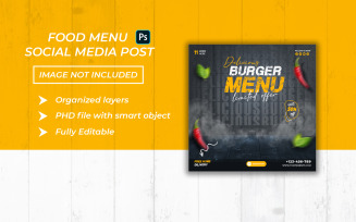 Delicious burger fast food menu social media post and banner template
