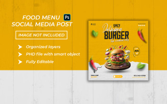 Spicy delicious burger food menu social media post and banner template