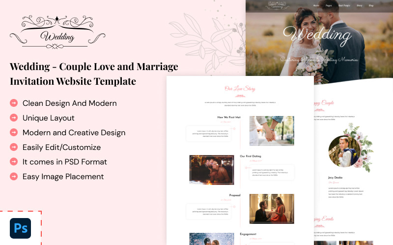 Wedding - Couple Love and Marriage Invitation Website Template PSD Template