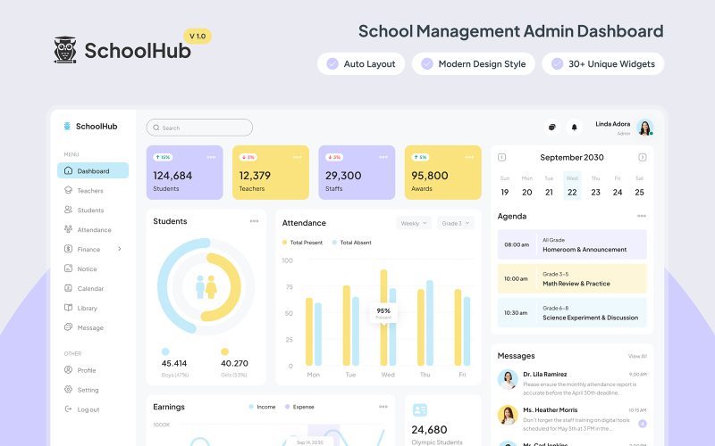 SchoolHub - School Management Dashboard UI Element