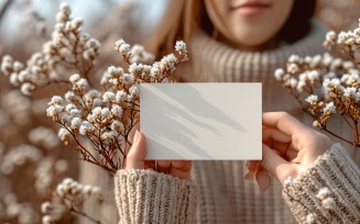 White Paper Held Against Dried Flowers Card Mockup 15