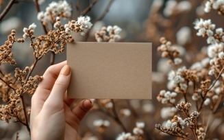 White Paper Held Against Dried Flowers Card Mockup 16