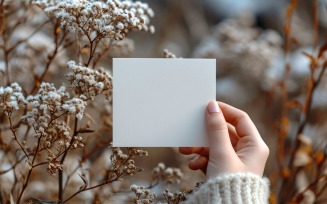 White Paper Held Against Dried Flowers Card Mockup 18