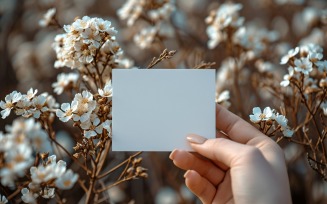 White Paper Held Against Dried Flowers Card Mockup 19