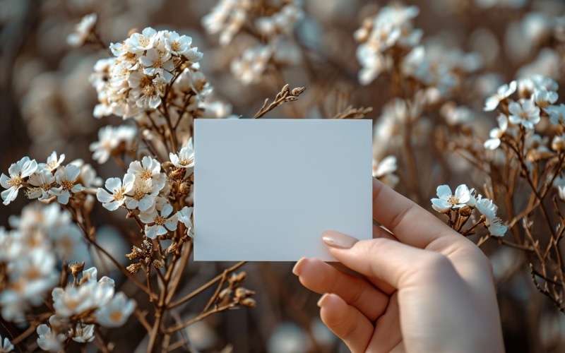 White Paper Held Against Dried Flowers Card Mockup 19 Illustration