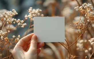 White Paper Held Against Dried Flowers Card Mockup 20