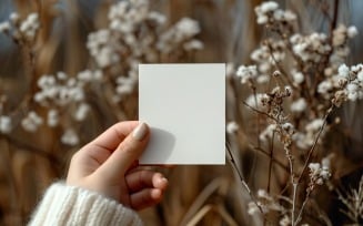White Paper Held Against Dried Flowers Card Mockup 24