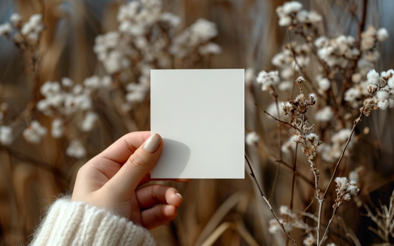 White Paper Held Against Dried Flowers Card Mockup 24 Illustration