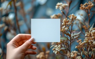 White Paper Held Against Dried Flowers Card Mockup 25