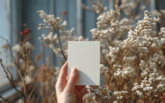 White Paper Held Against Dried Flowers Card Mockup 30
