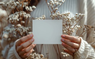 White Paper Held Against Dried Flowers Card Mockup 32