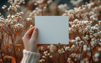 White Paper Held Against Dried Flowers Card Mockup 33