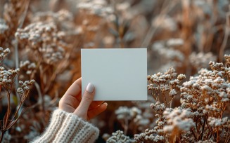 White Paper Held Against Dried Flowers Card Mockup 34